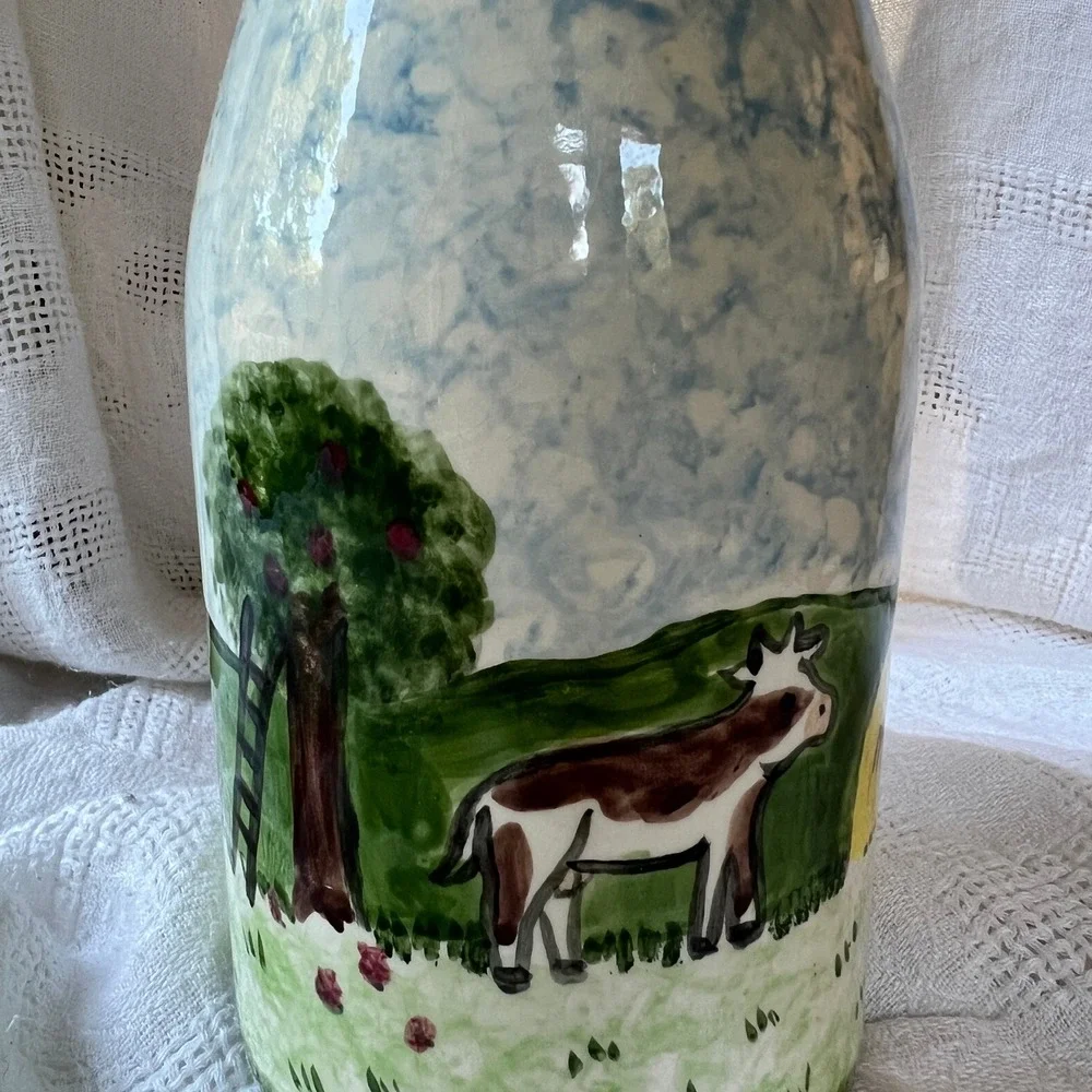 Vintage 80s Hand Painted Ceramic Milk Bottle Vase Cottage Country Barn Folk Art